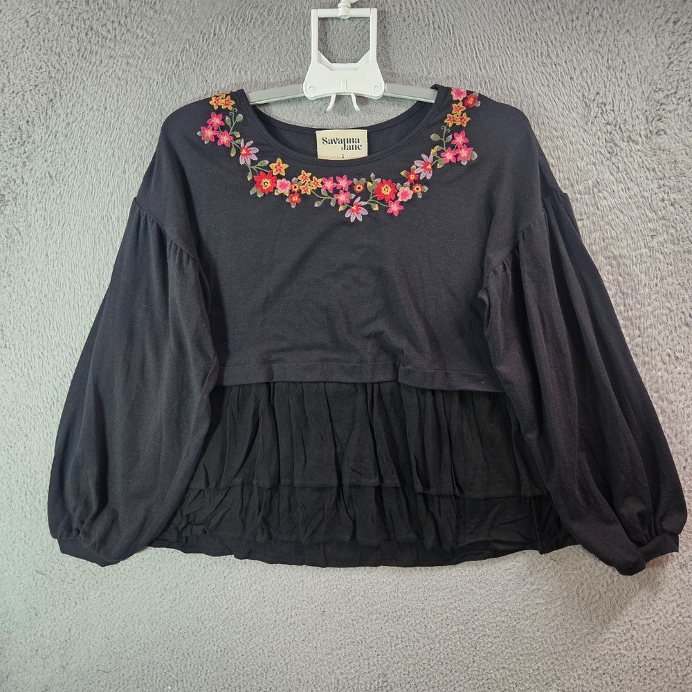 NEW Savanna Jane Top Blouse Women‎ Small Floral Embroidered Black Stretch